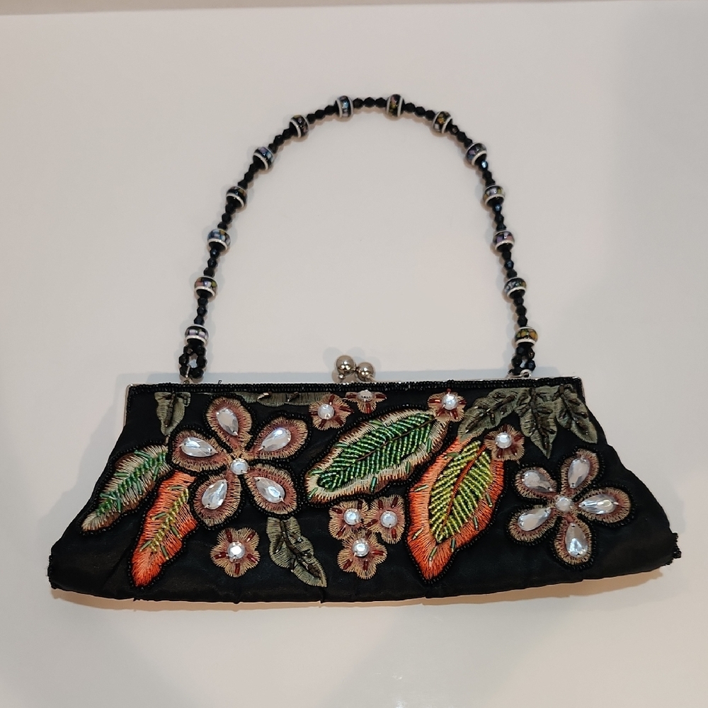 Beaded Handbag ~ Black With Green And Coral Beaded Floral Design